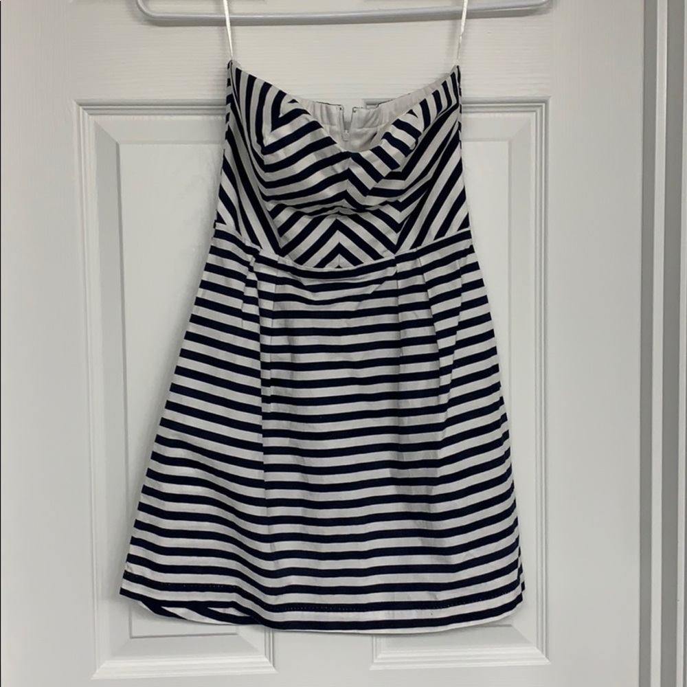 Navy and white striped strapless sweetheart dress